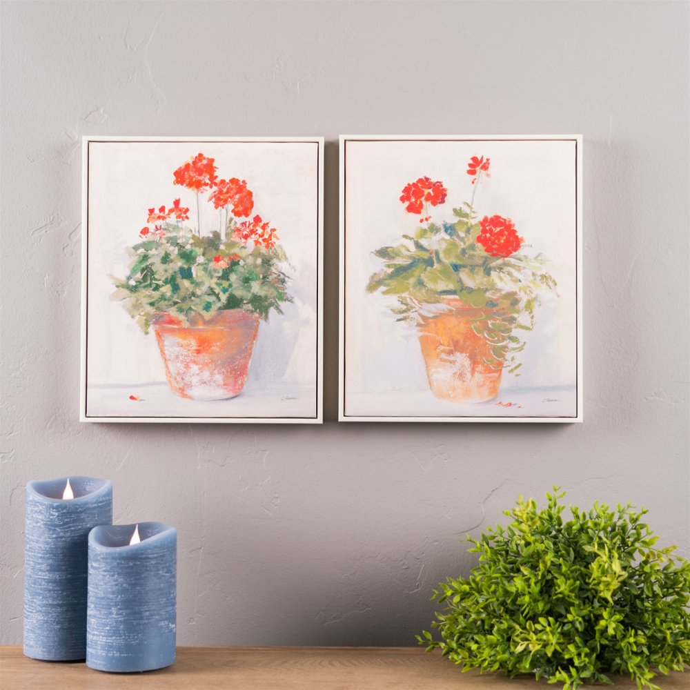 Set of Two White Brown And Red Flower Framed Art