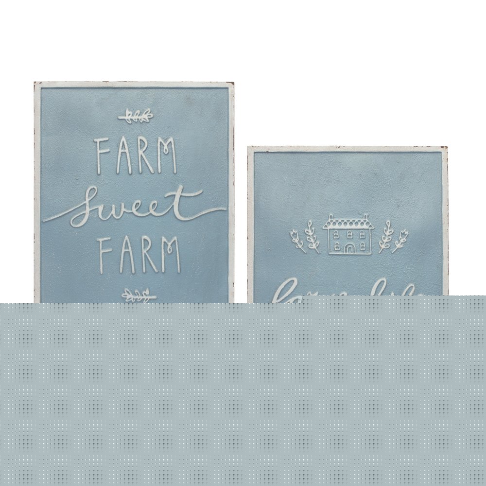 Set of Two Blue And White Farm Sweet Farm Metal Wall Decor