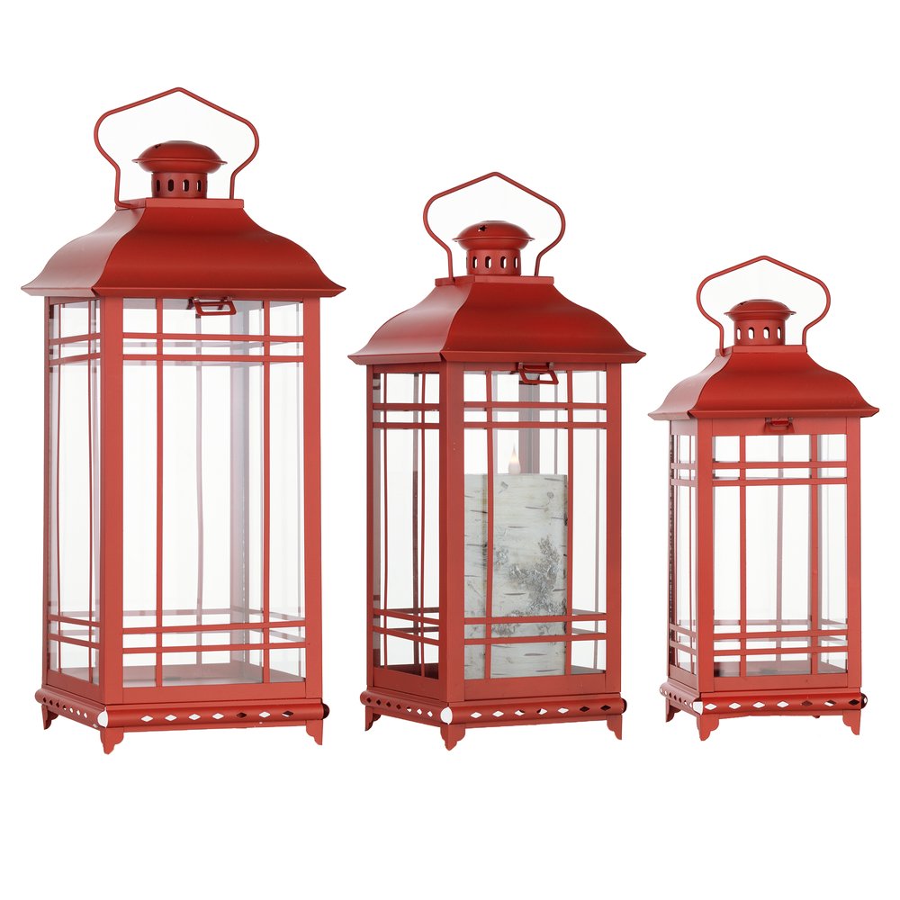 Set of Three Red Geometric Glass And Metal Floor Lantern Candle Holders