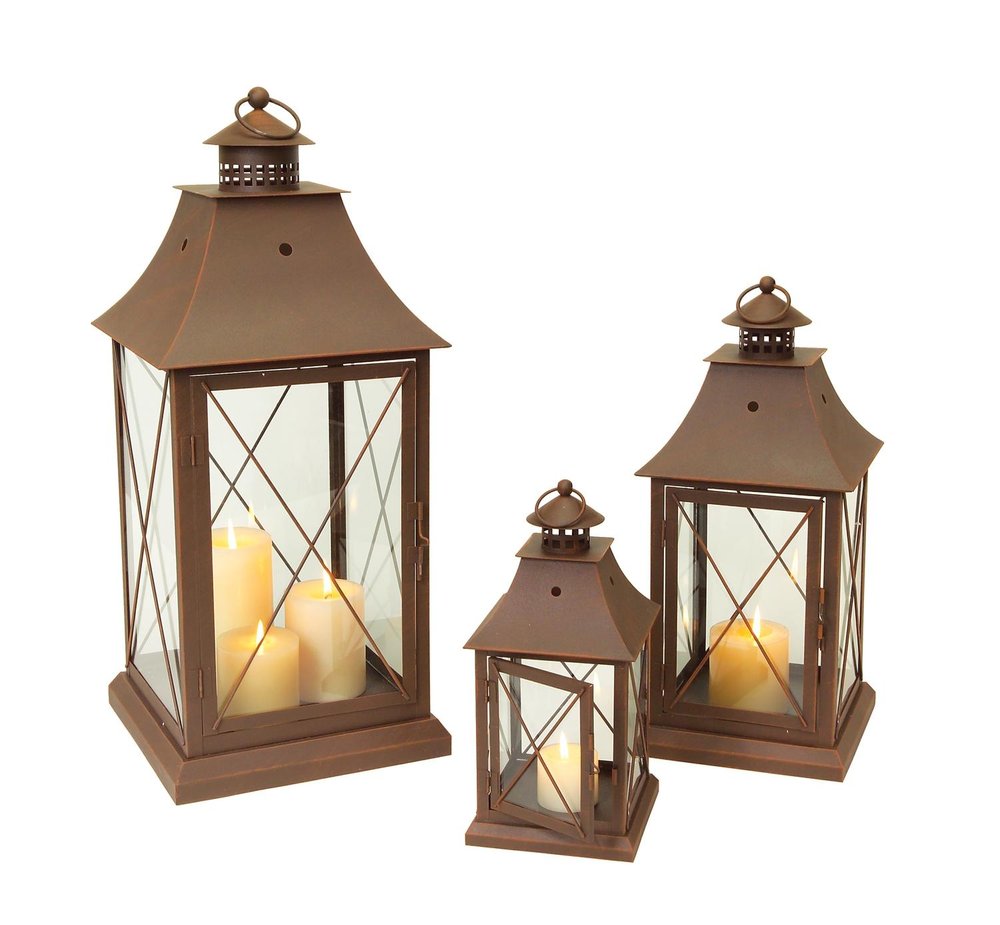 Set of Three Brown Lattice Glass And Metal Floor Lantern Candle Holders