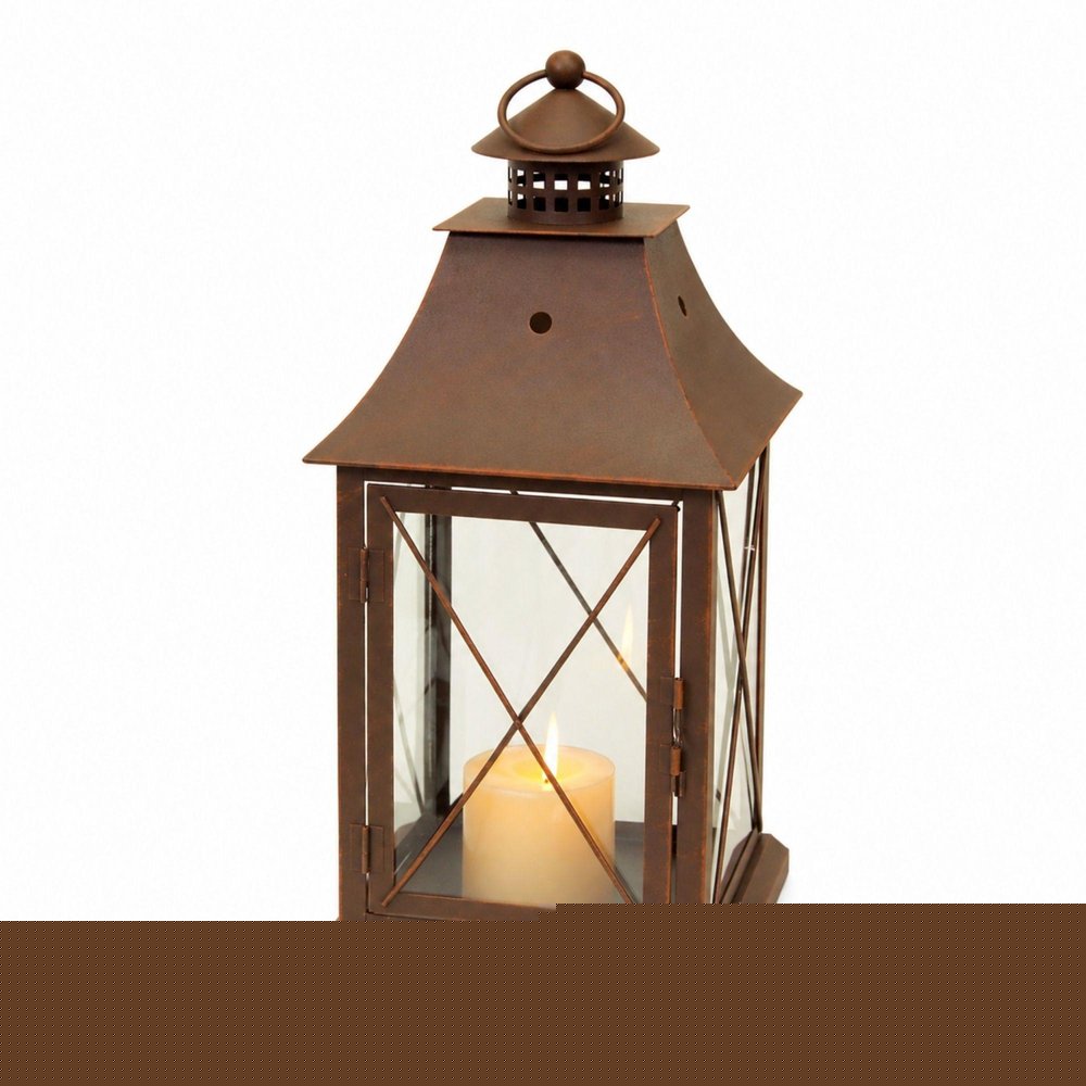Set of Three Brown Lattice Glass And Metal Floor Lantern Candle Holders