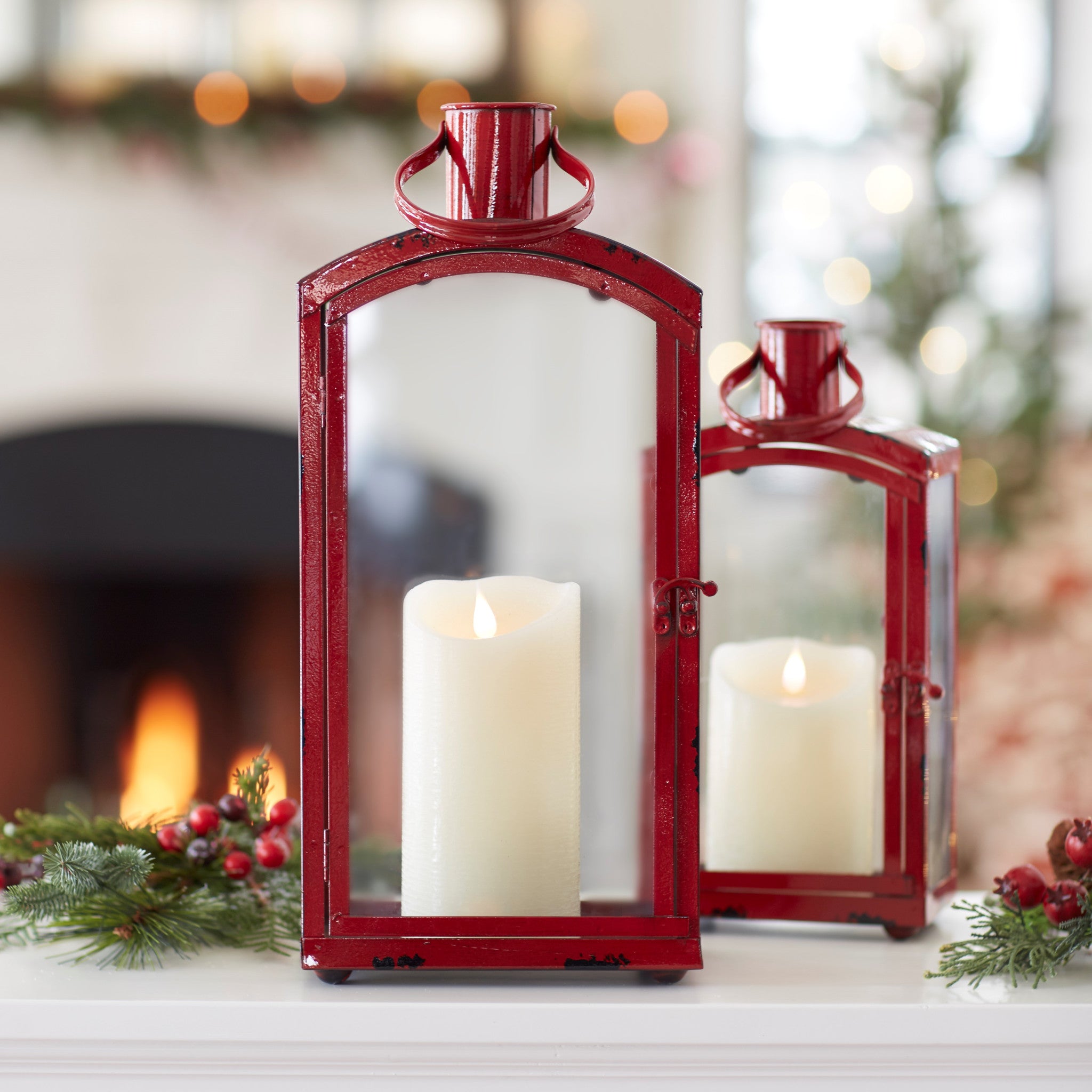 Set Of Three Red Flameless Floor Lantern Candle Holder