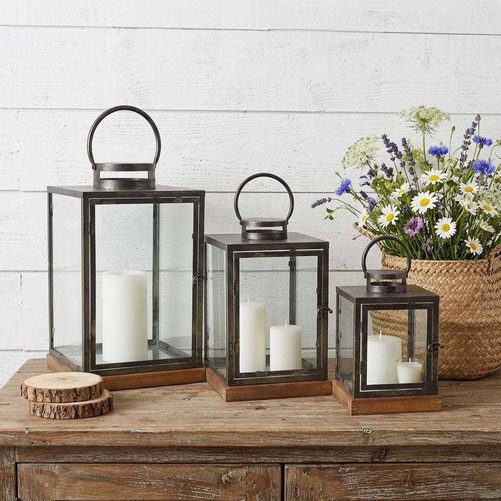 Set of Three Gray And Brown Distressed Geometric Glass Metal And Wood Floor Lantern Candle Holders