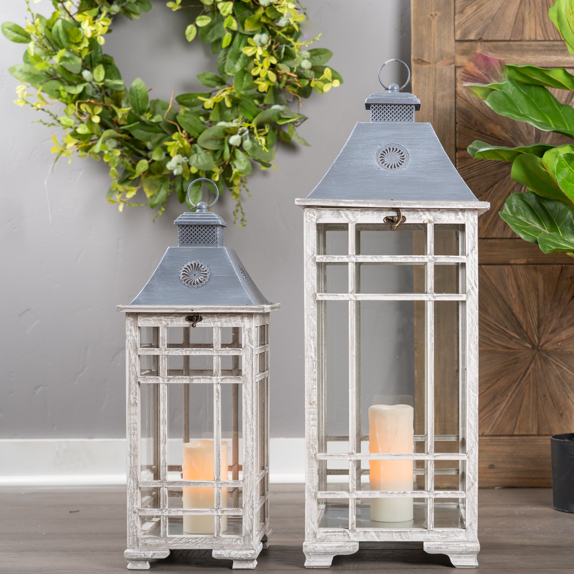 Set Of Two Gray Flameless Lantern Candle Holders