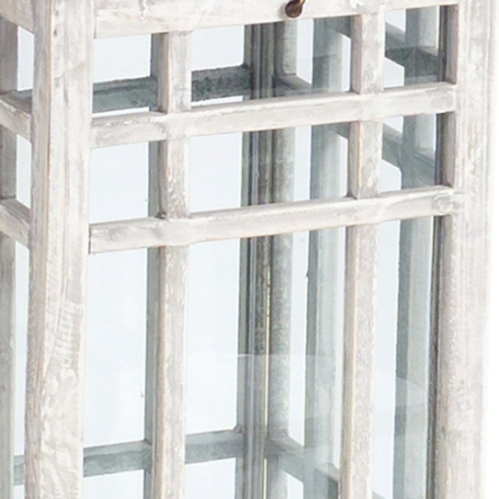 Set of Two White And Silver Distressed Geometric Metal Floor Lantern Candle Holders