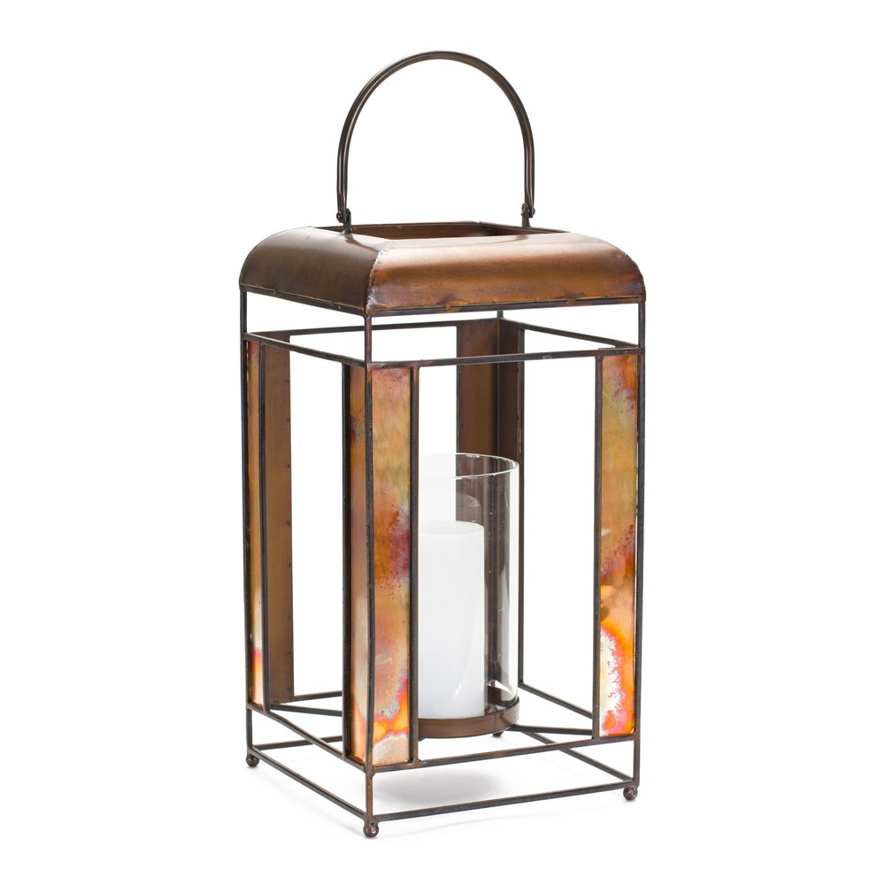 17" Bronze Distressed Geometric Metal And Glass Tabletop Lantern Candle Holder