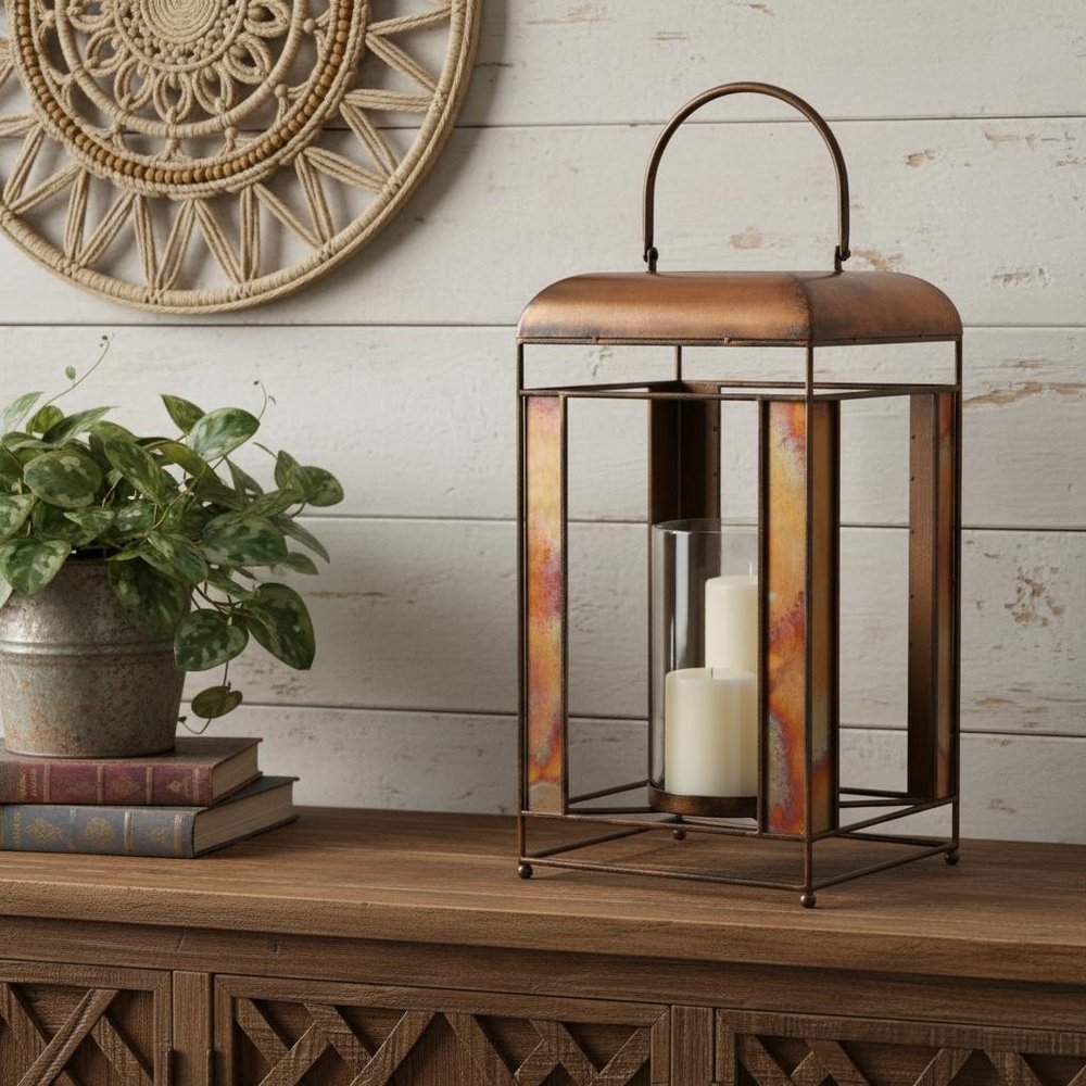 17" Bronze Distressed Geometric Metal And Glass Tabletop Lantern Candle Holder
