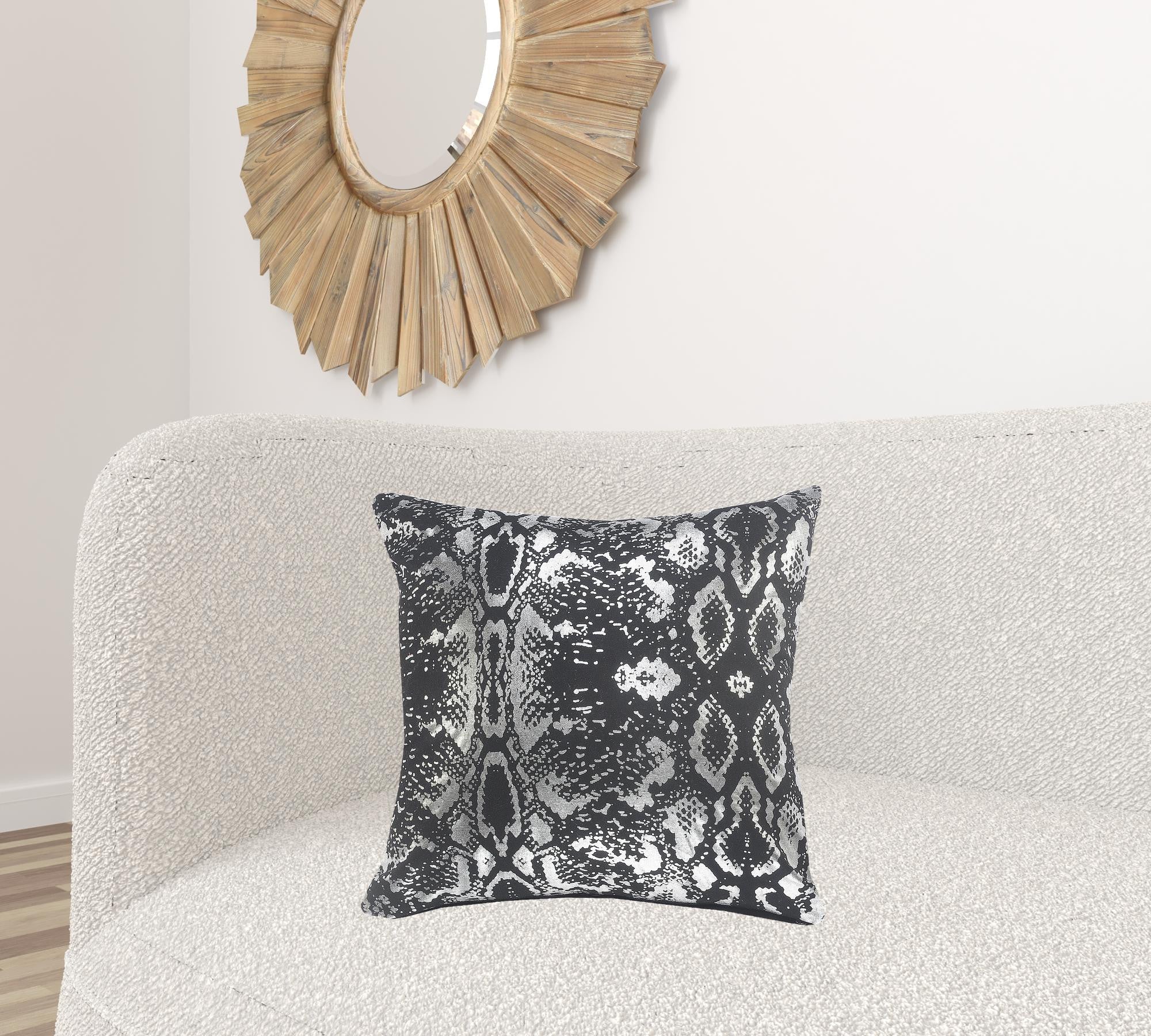20" X 20" Black And Silver 100% Cotton Animal Print Zippered Pillow