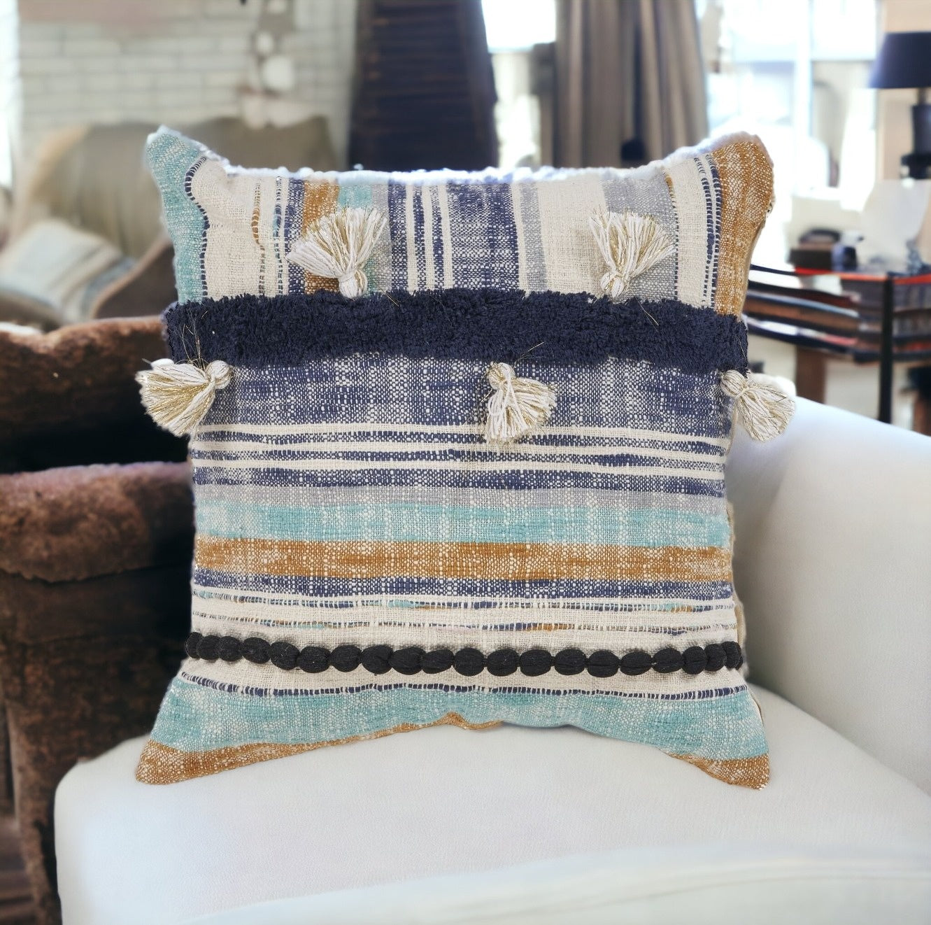 18" X 18" Blue and Beige Patchwork Cotton Zippered Pillow With Tassels