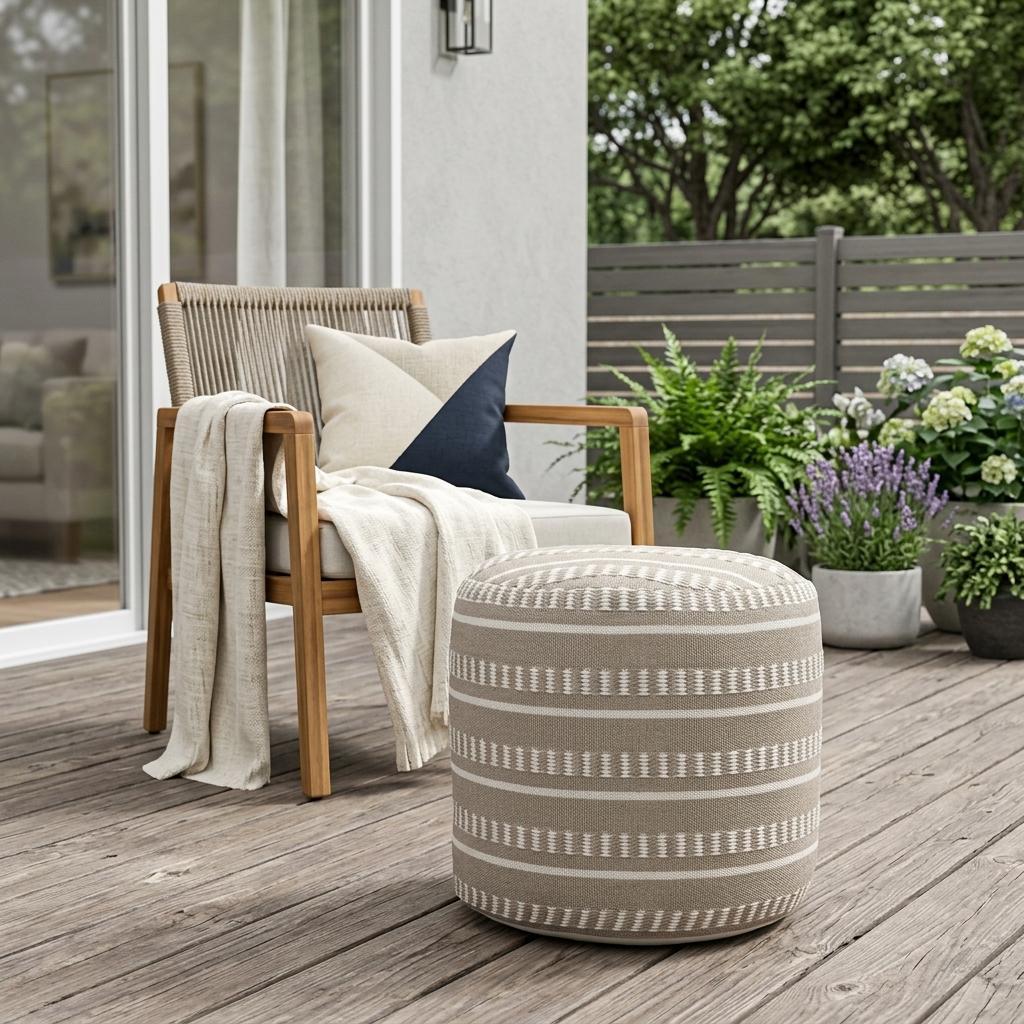 20" Brown Polyester Round Striped Indoor Outdoor Pouf Ottoman