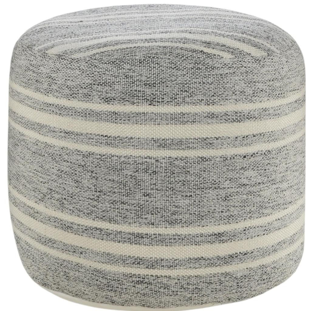 18" Gray Polyester Round Striped Indoor Outdoor Pouf Ottoman