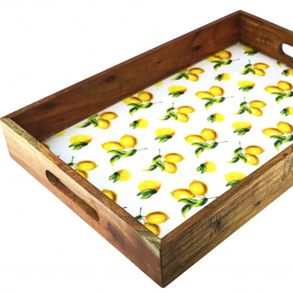 18" Brown and White Solid Wood Lemon Serving Tray With Handles