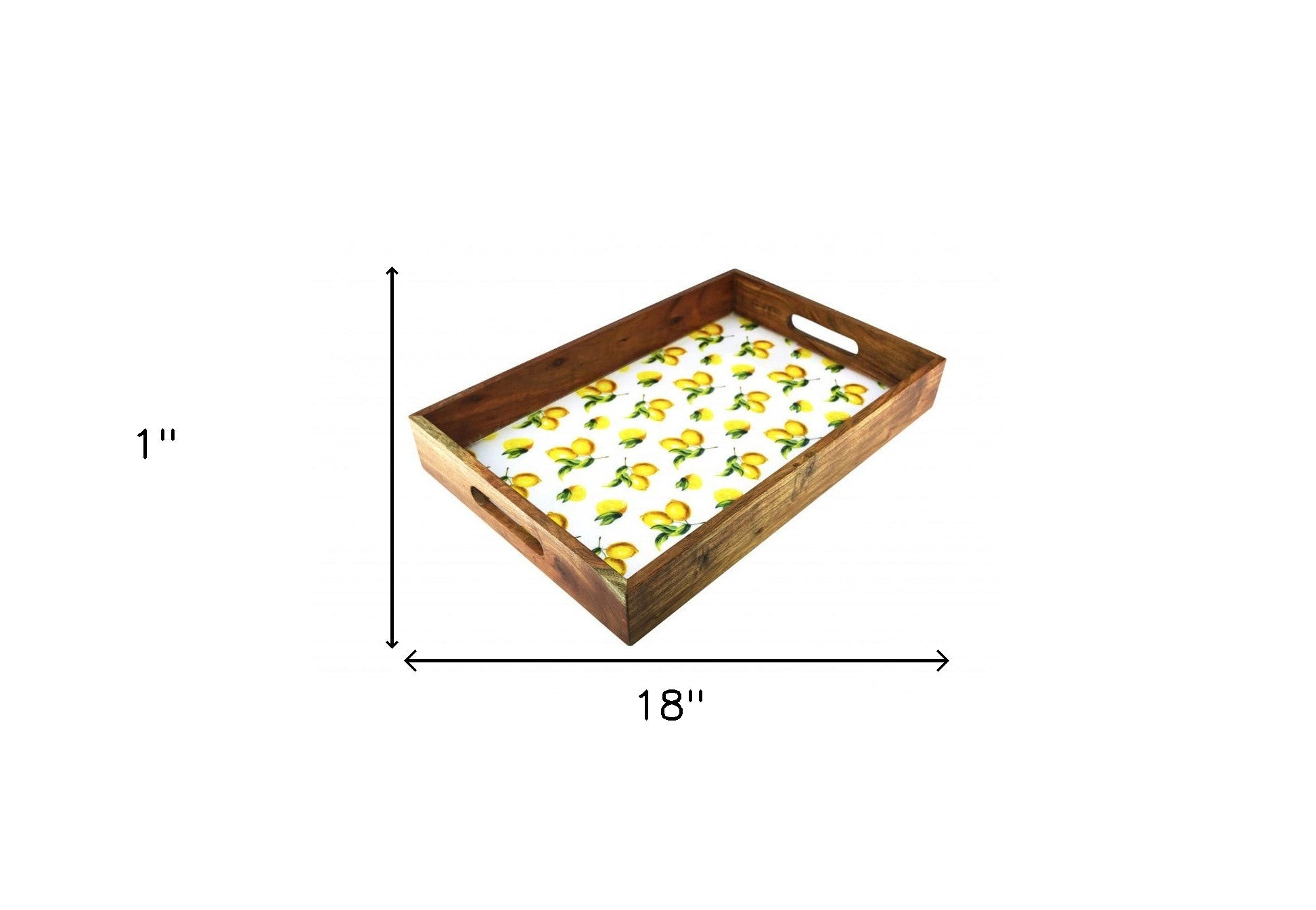 18" Brown and White Solid Wood Lemon Serving Tray With Handles