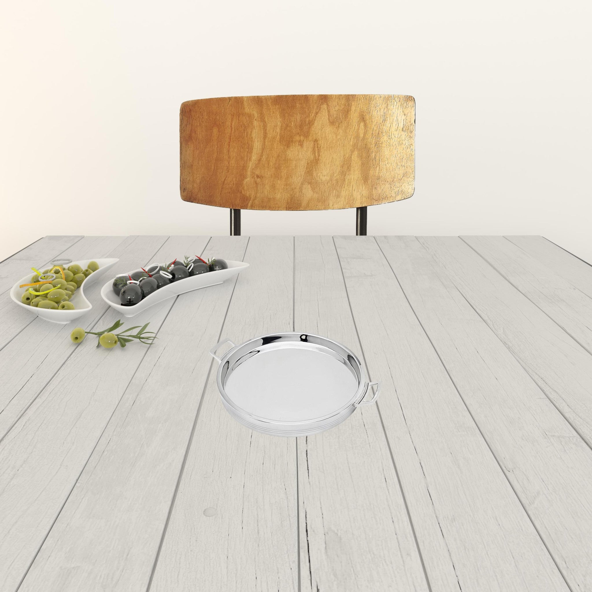 12" Silver Round Stainless Steel Serving Tray With Handles