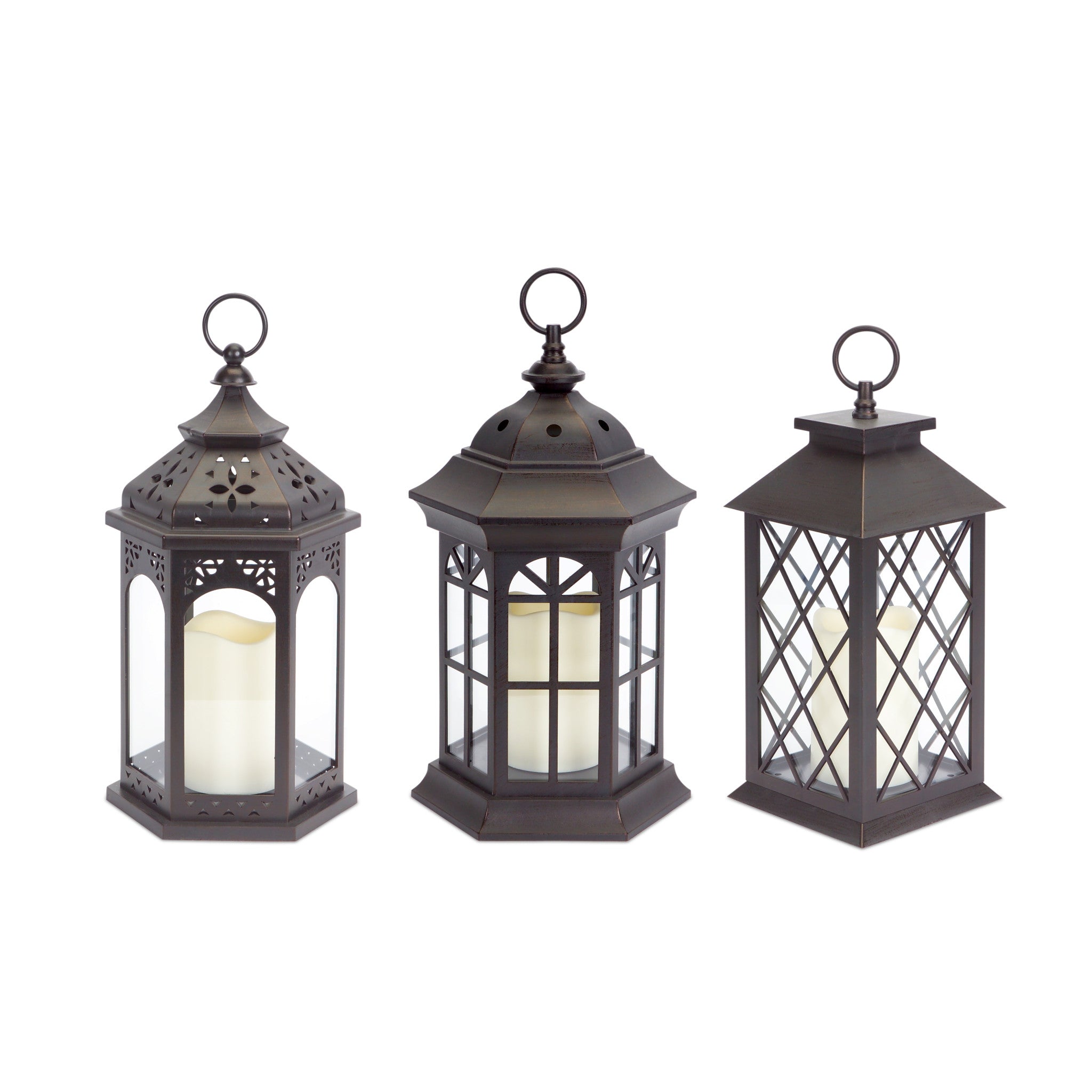 Set Of Three Brown LED Floor Lantern Candle Holder