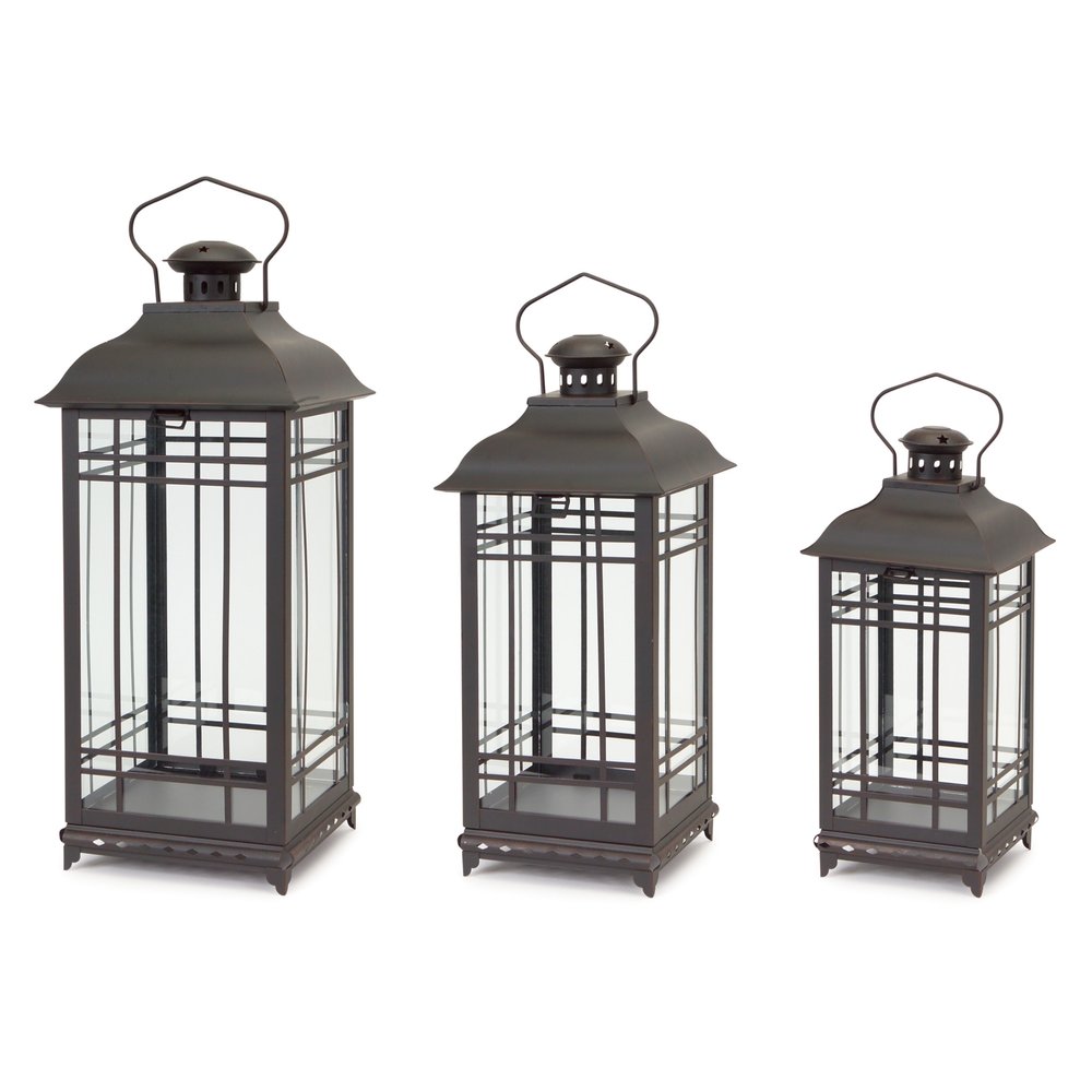 Set of Three Black Distressed Geometric Glass And Metal Floor Lantern Candle Holders