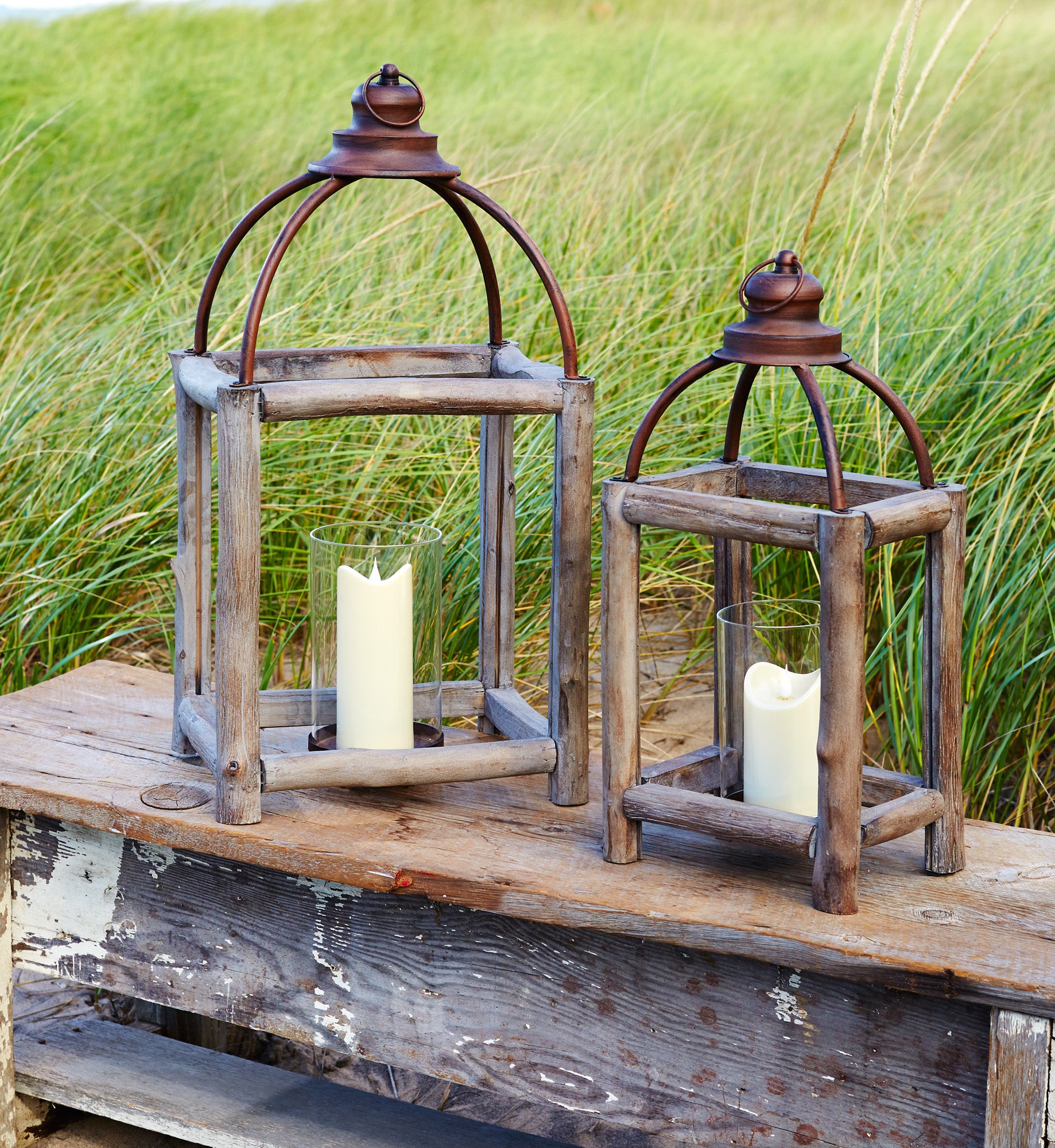 Set of Two Natural And Gray Geometric Glass Wood And Metal Floor Lantern Candle Holders