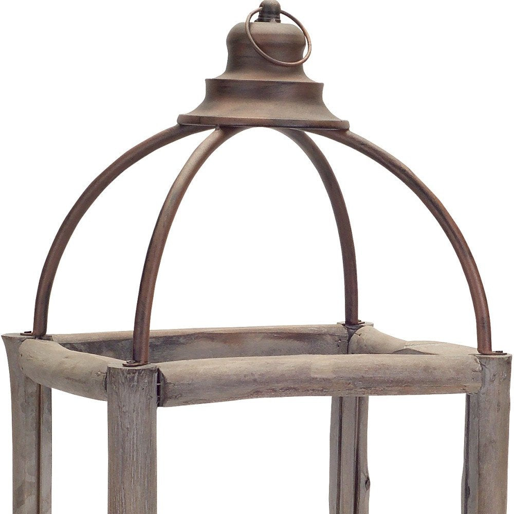 Set of Two Natural And Gray Geometric Glass Wood And Metal Floor Lantern Candle Holders