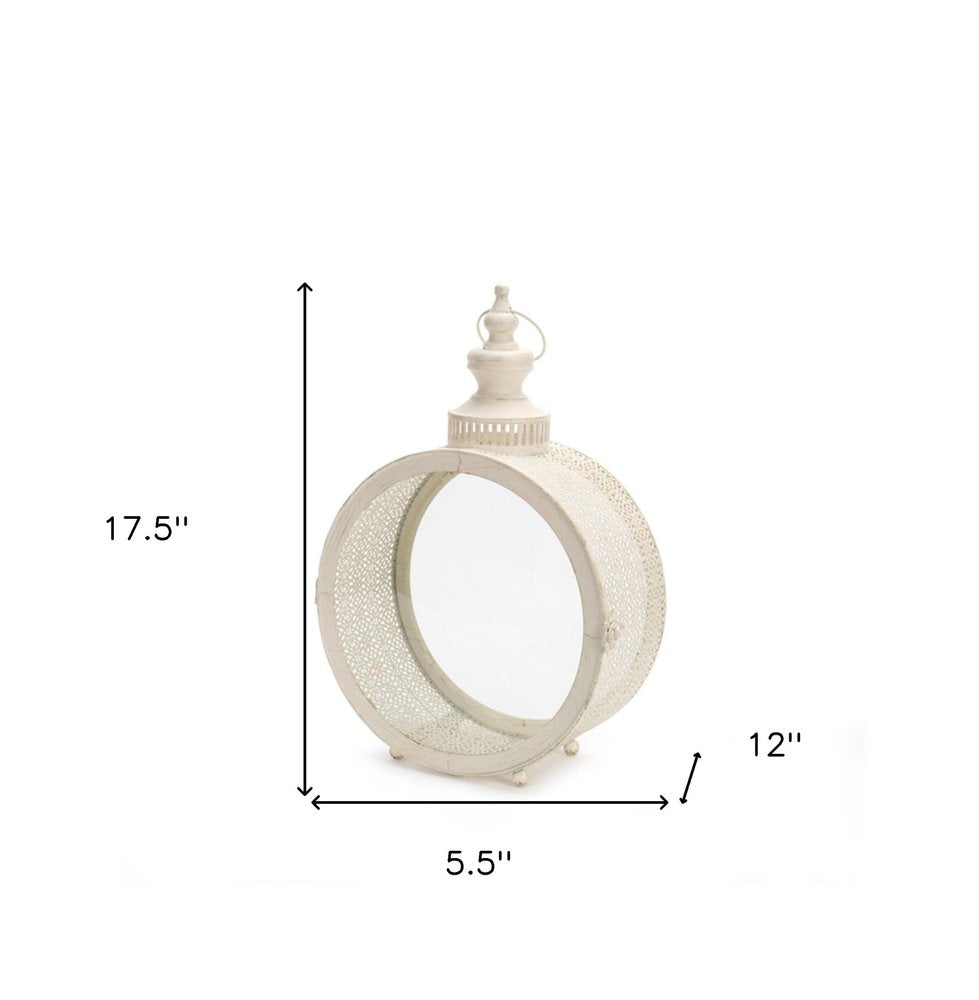 18" Ivory Ornate Metal Floor Lantern Candle Holder