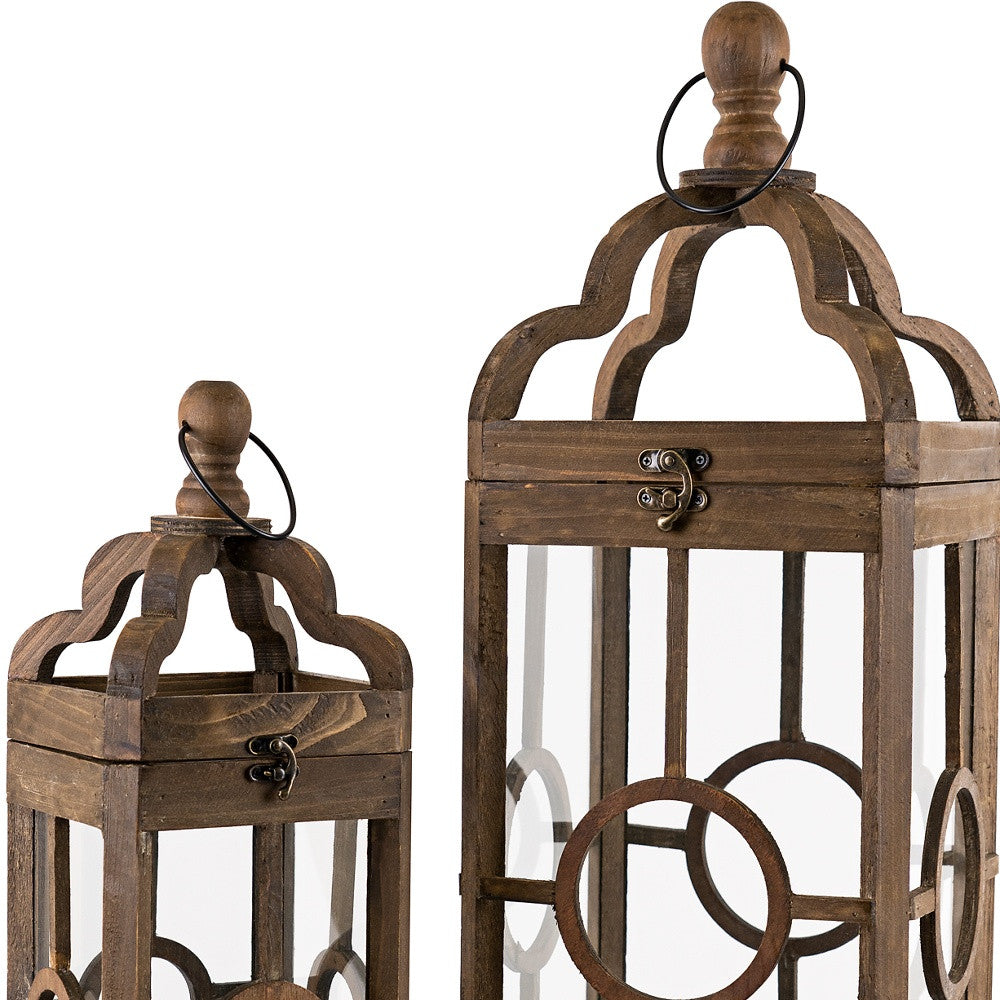 Set of Two Brown Solid Wood Ornate Tabletop Lantern Candle Holders