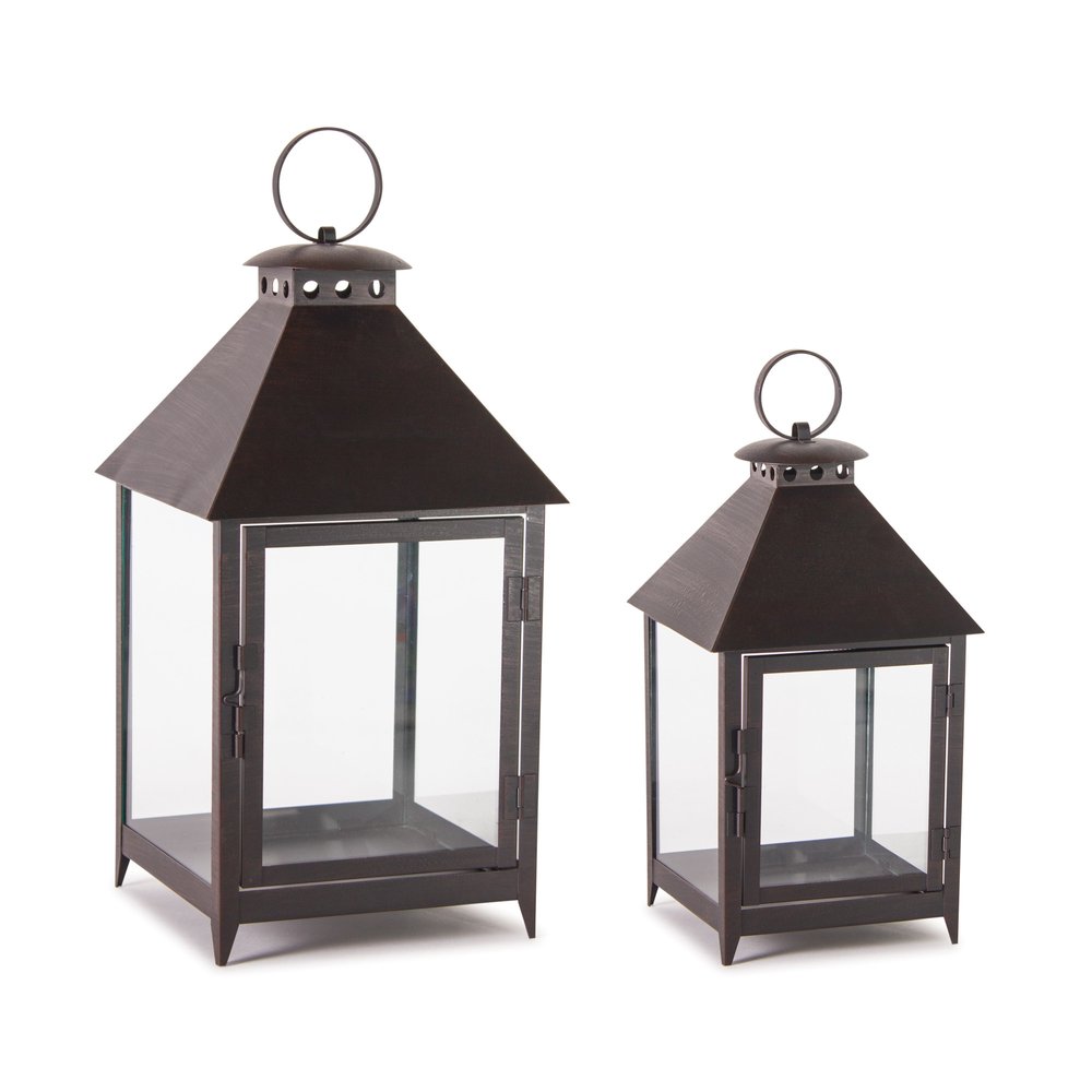 Set of Two Black Geometric Iron And Glass Floor Lantern Candle Holders