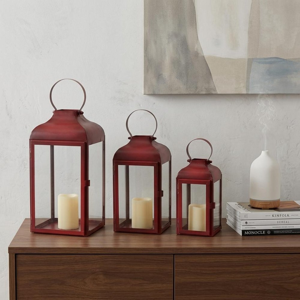 Set of Two Red Distressed Iron Floor Lantern Candle Holders