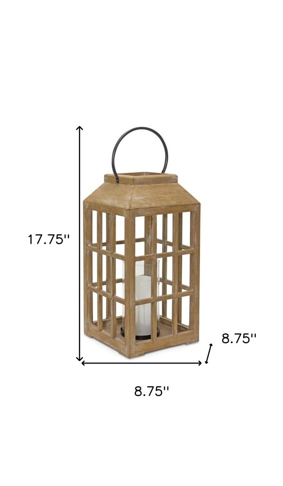 18" Natural Distressed Geometric Wood And Glass Centerpiece Lantern Candle Holder
