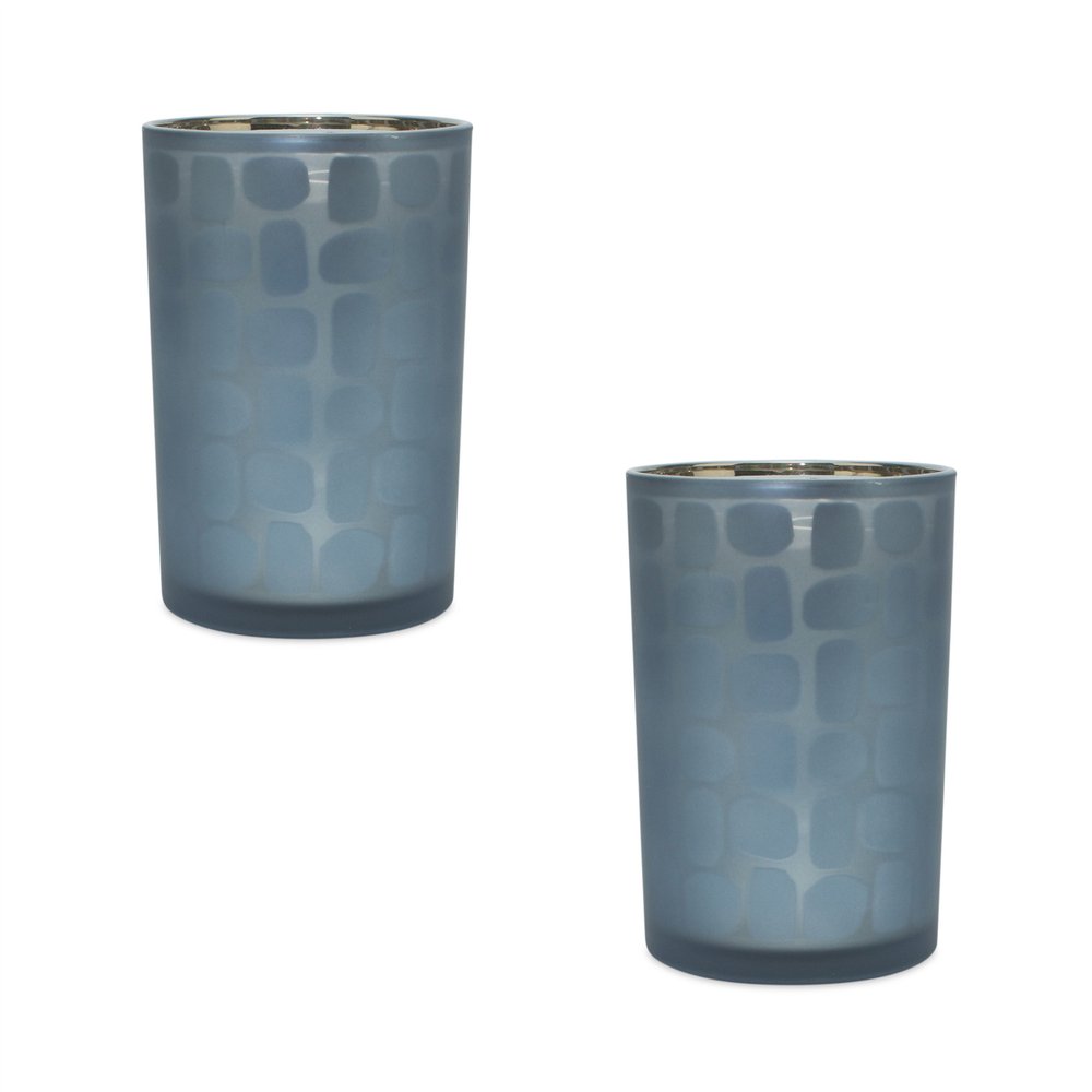 Set of Two Navy Blue Abstract Glass Tabletop Tealight Candle Holders