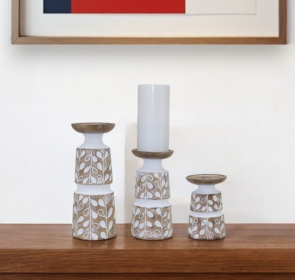 Set of Three Brown And White Botanical Leaf Stone Powder Tabletop Pillar Candle Holders