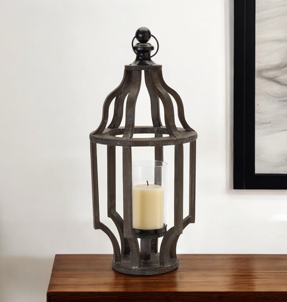 23" Black Geometric Wood And Glass Tabletop Lantern Candle Holder