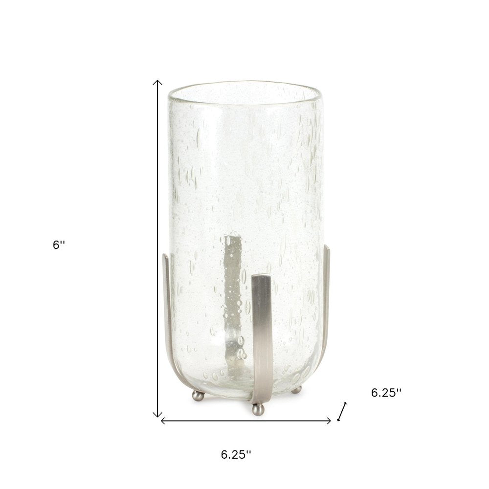 6" Silver And Clear Metal And Glass Tabletop Hurricane Candle Holder