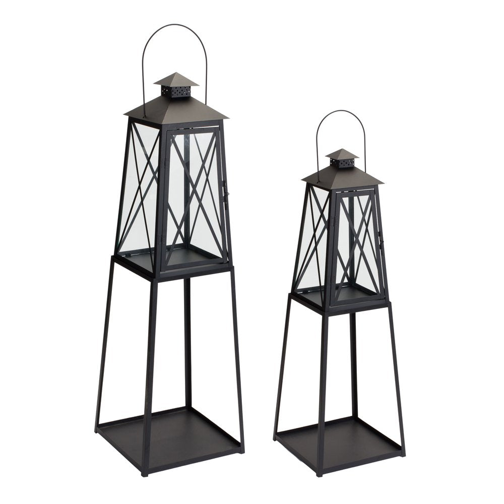 Set of Two Black Distressed Ornate Iron Tabletop Lantern Candle Holders