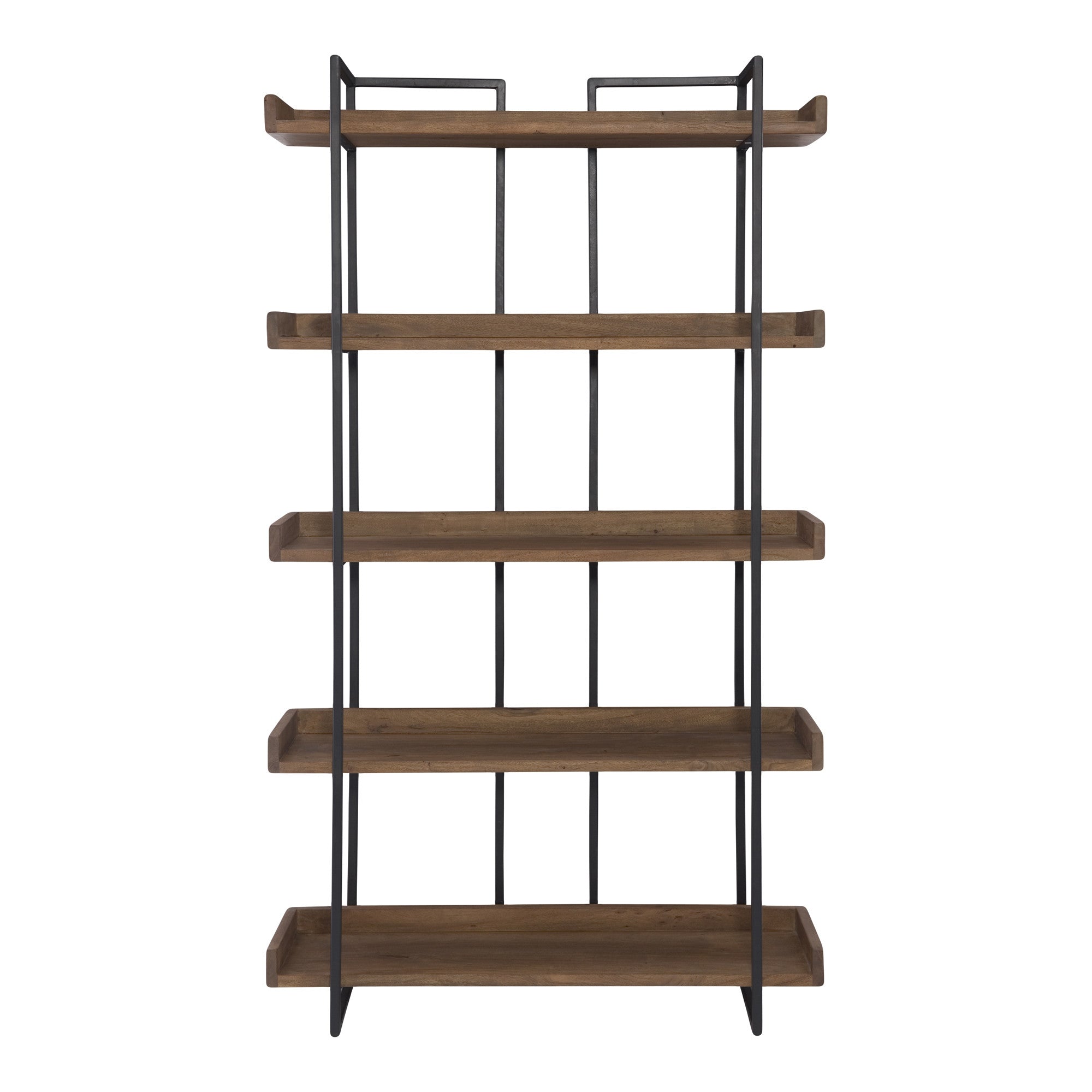 75" Light Brown Solid Wood and Metal Five Tier Industrial Bookcase