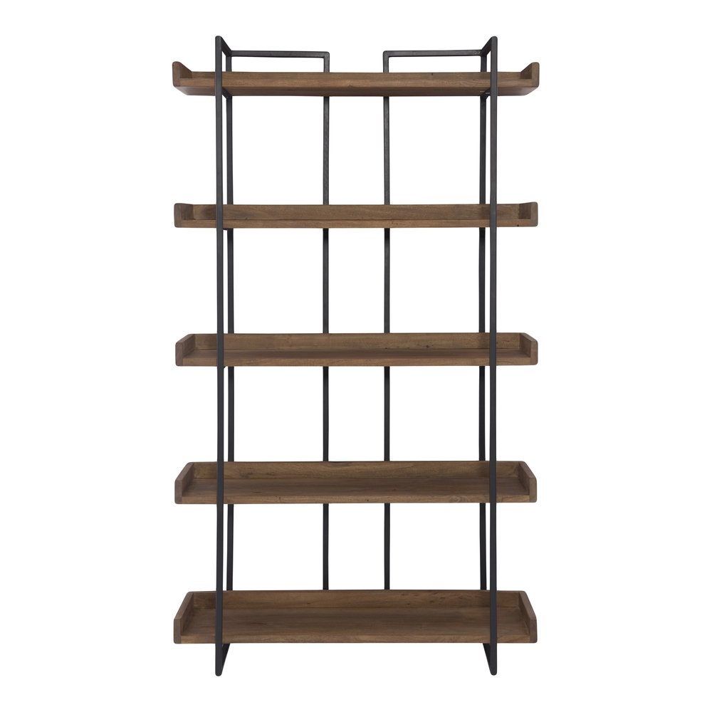 75" Black And Brown Metal and Wood Five Tier Bookcase