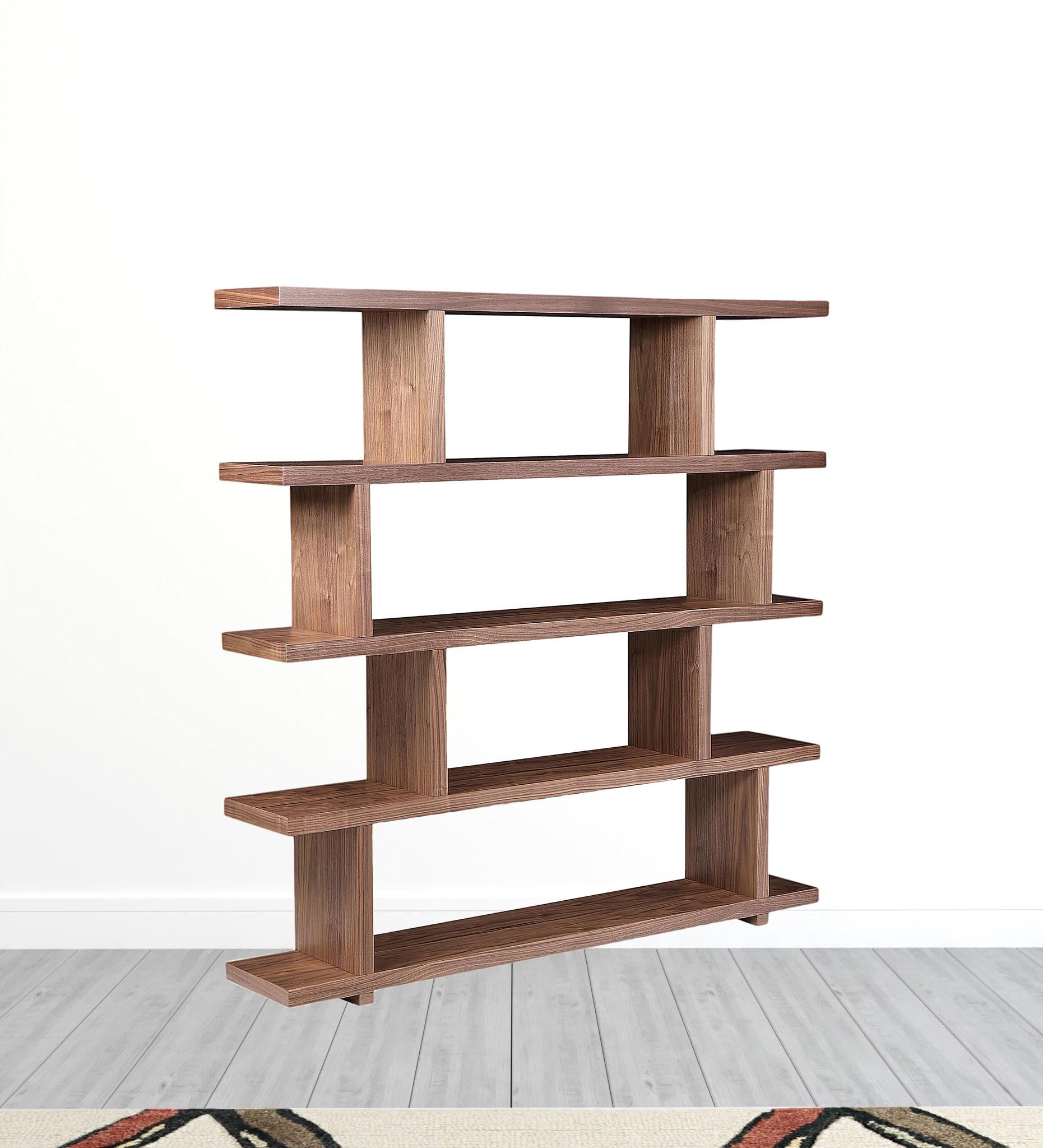 63" Walnut Wood Five Tier Asymmetrical Open Bookcase