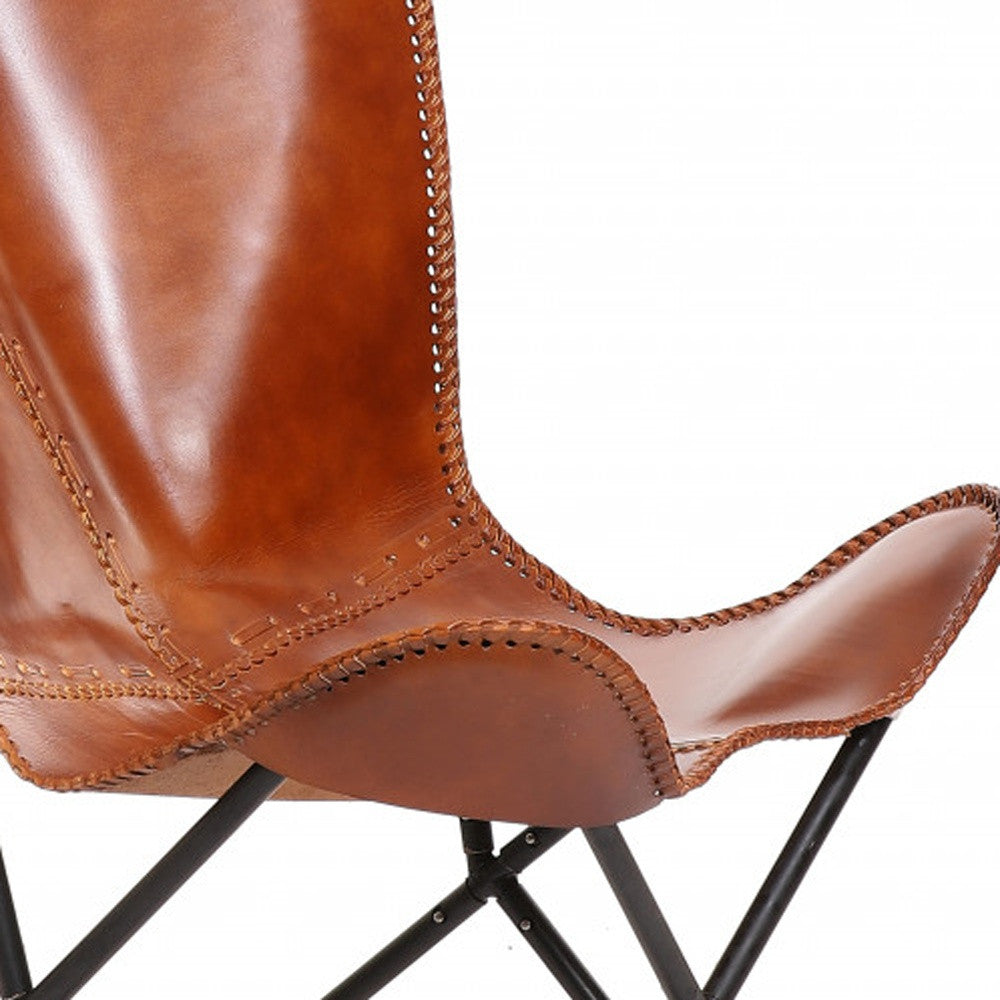 32" Brown and Black Genuine Leather Butterfly Chair