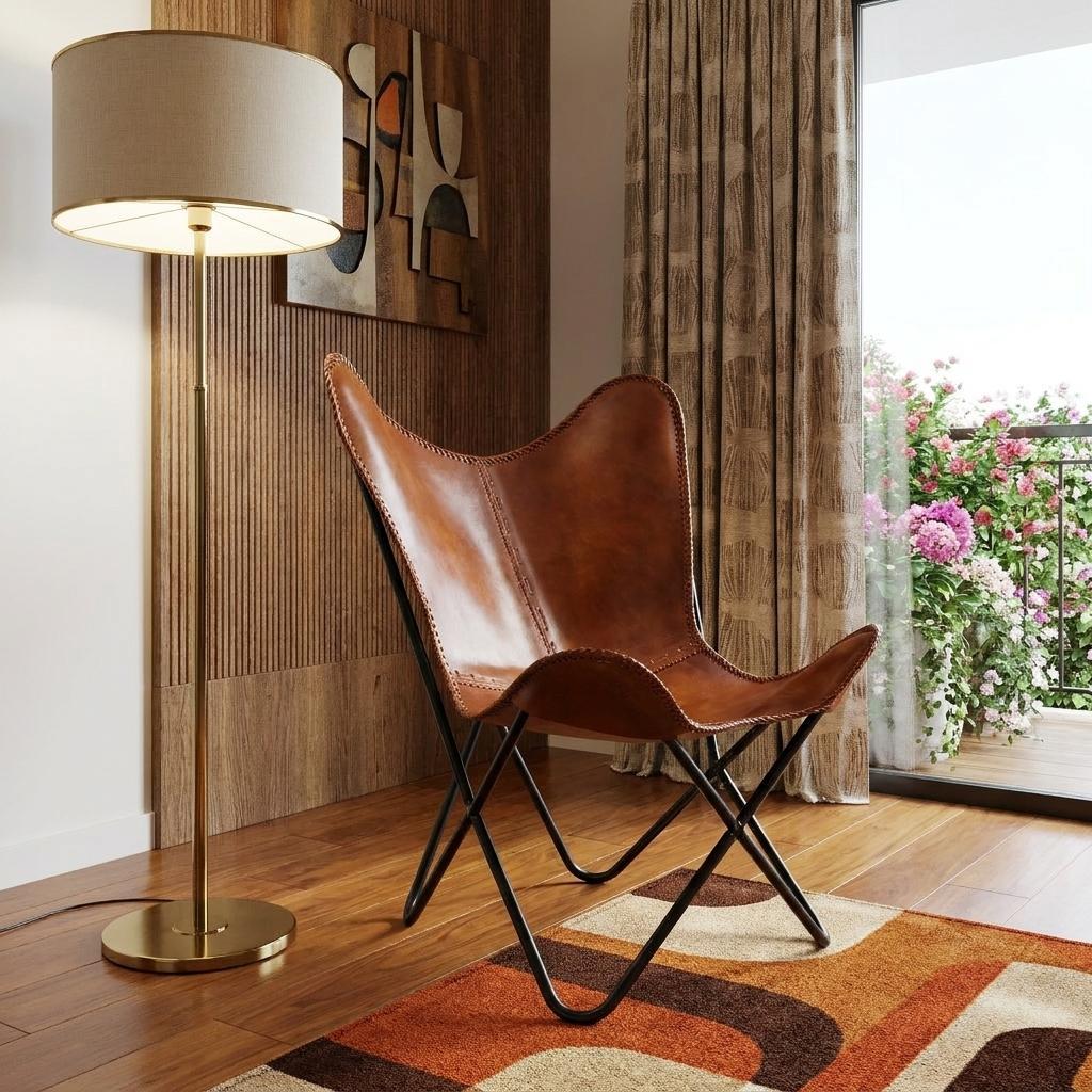32" Brown and Black Genuine Leather Butterfly Chair
