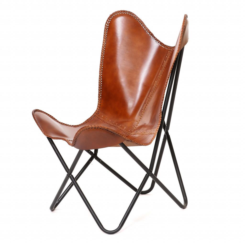 32" Brown and Black Genuine Leather Butterfly Chair