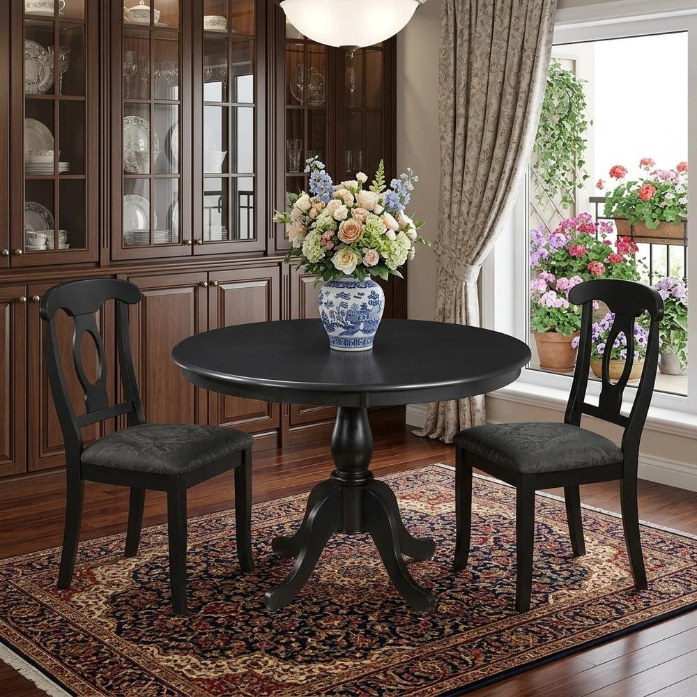 42" Black Rounded Solid Manufactured Wood And Solid Wood Pedestal Base Dining Table