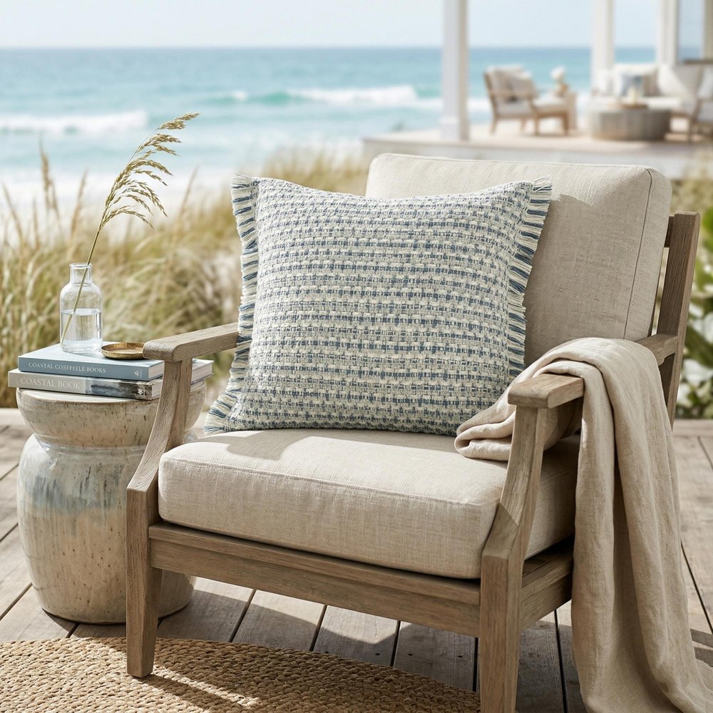 24" X 24" Blue Zippered Coastal Indoor Outdoor Throw Pillow