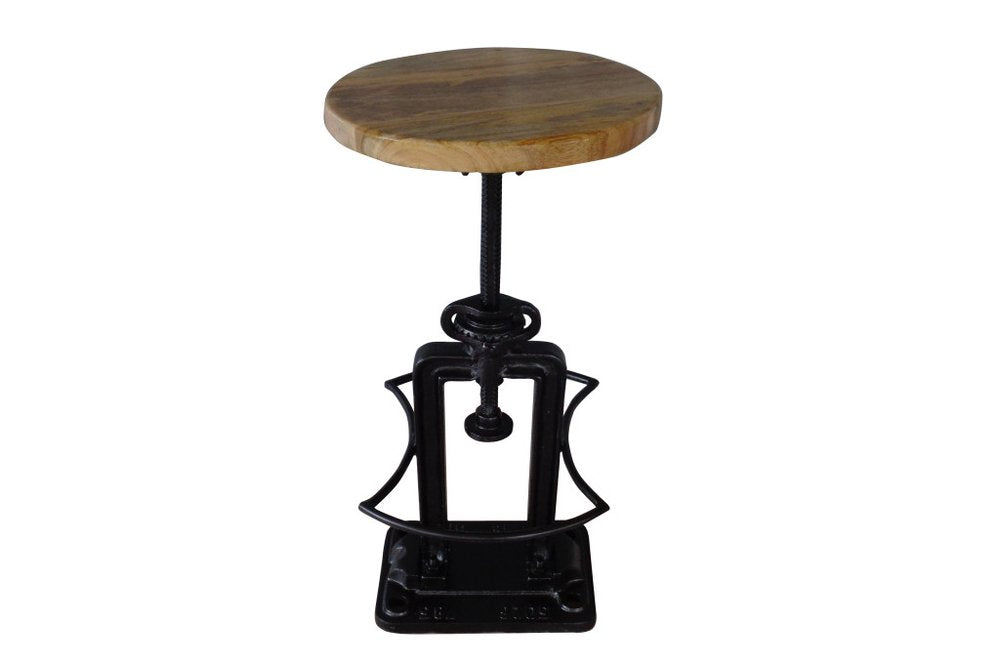Natural and Black Solid Wood and Iron Backless Adjustable Height Bar Chair
