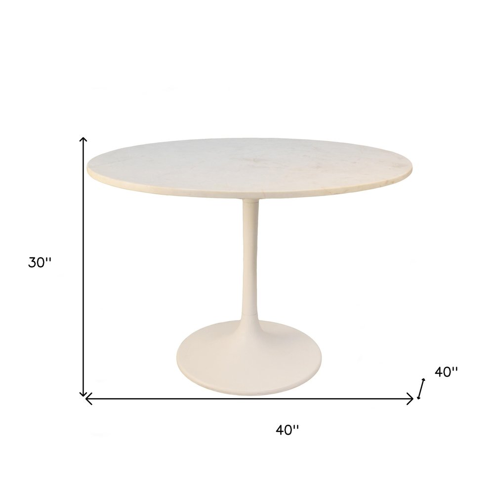 40" White Rounded Marble And Iron Pedestal Base Dining Table