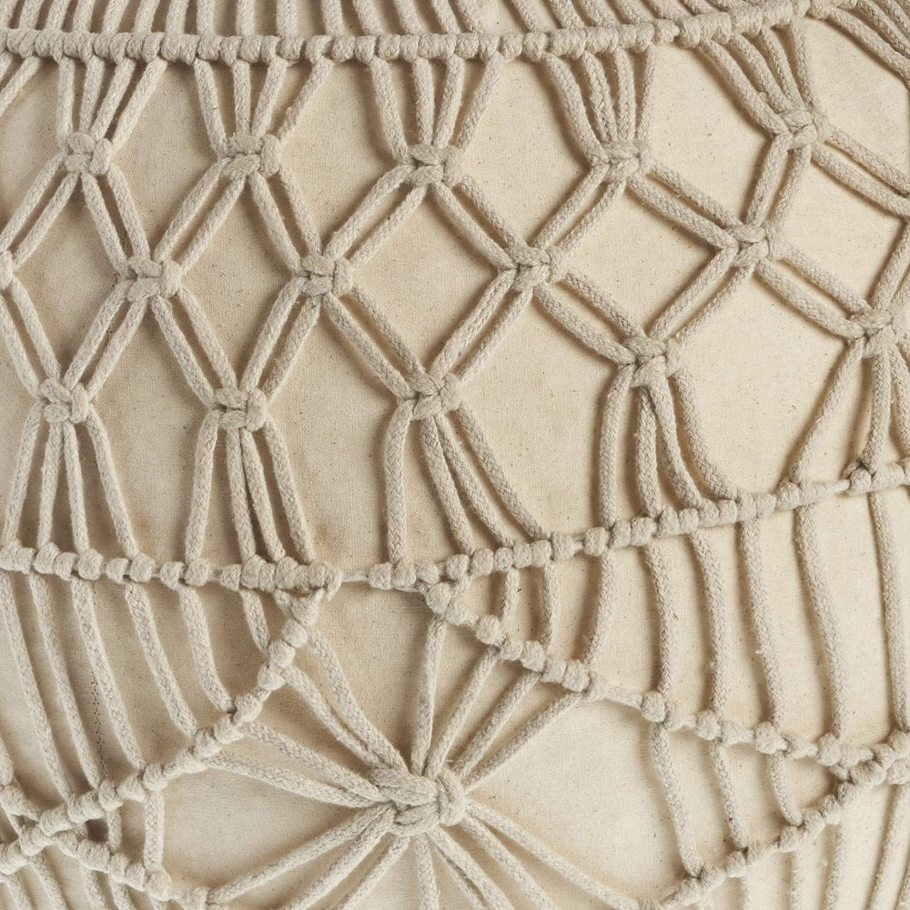 20" Cream Cotton Tufted Round Geometric Pouf Ottoman