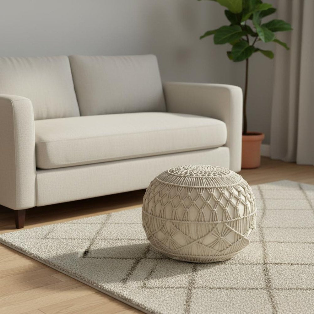 20" Cream Cotton Tufted Round Geometric Pouf Ottoman
