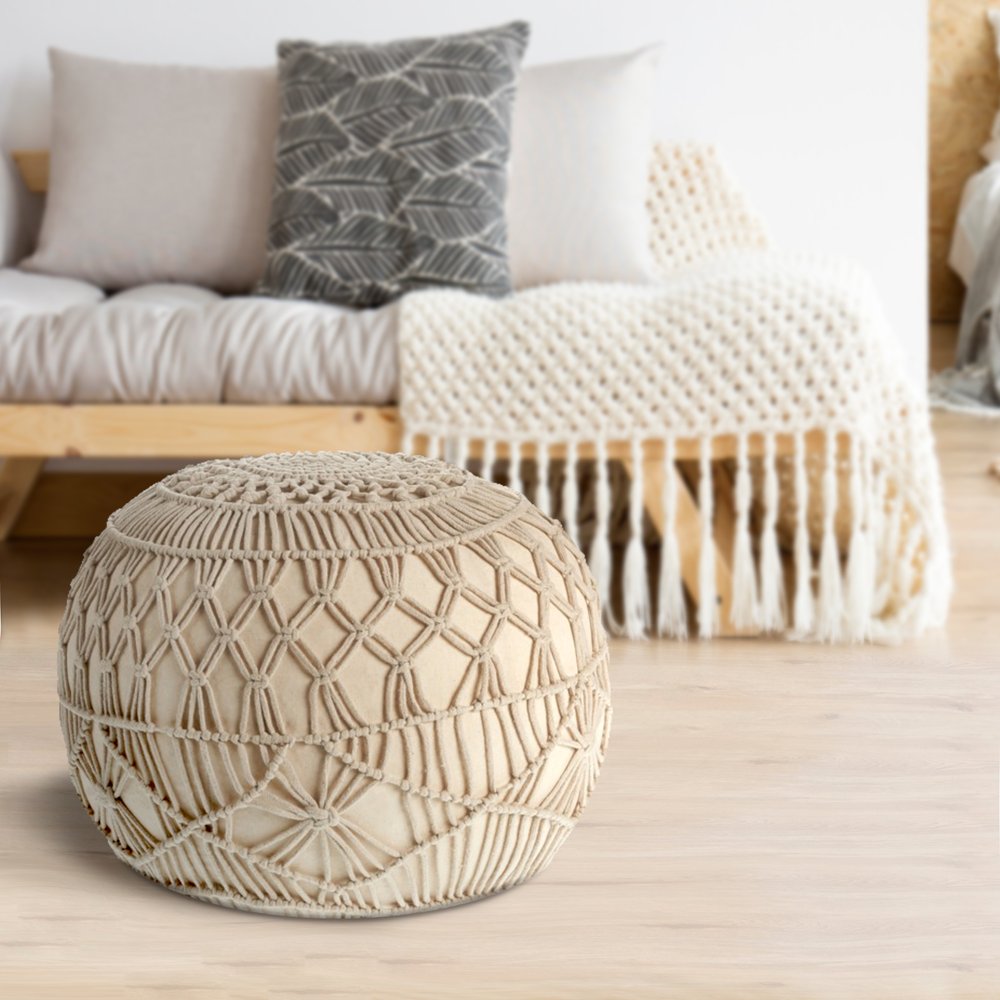 20" Cream Cotton Tufted Round Geometric Pouf Ottoman