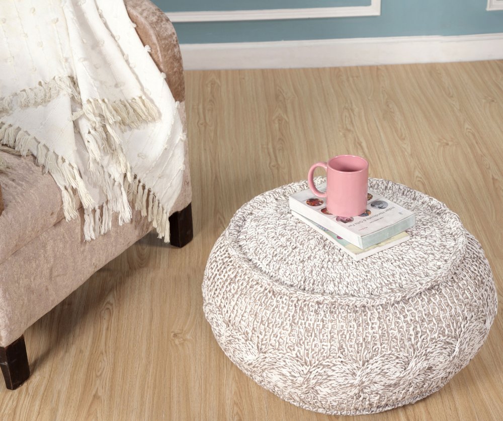 20" Beige Cotton Round Geometric Pouf Ottoman