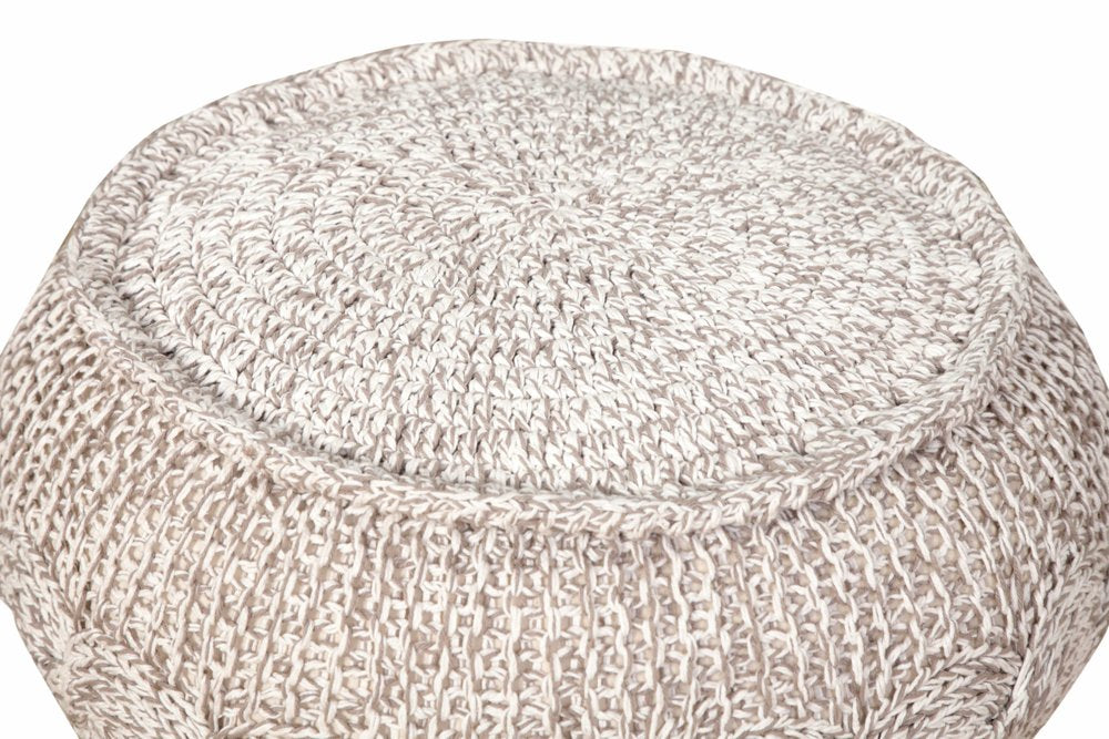 20" Beige Cotton Round Geometric Pouf Ottoman