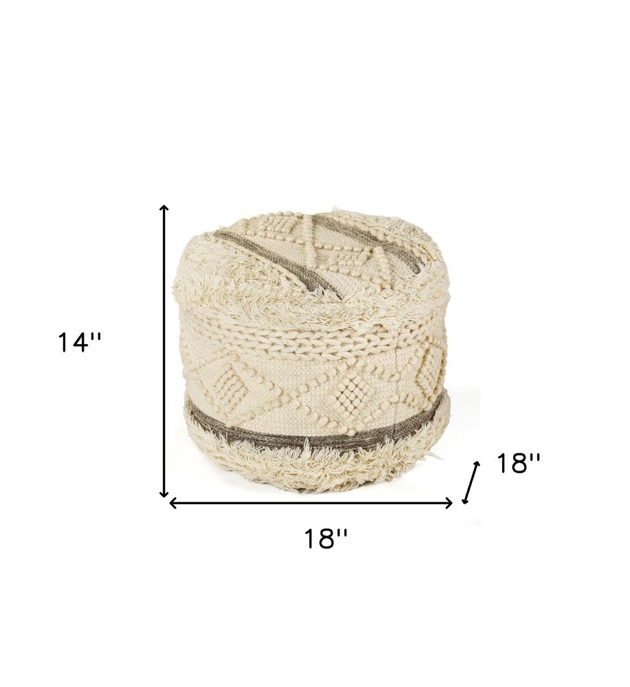 18" Cream Wool Cotton Blend Round Geometric Pouf Ottoman