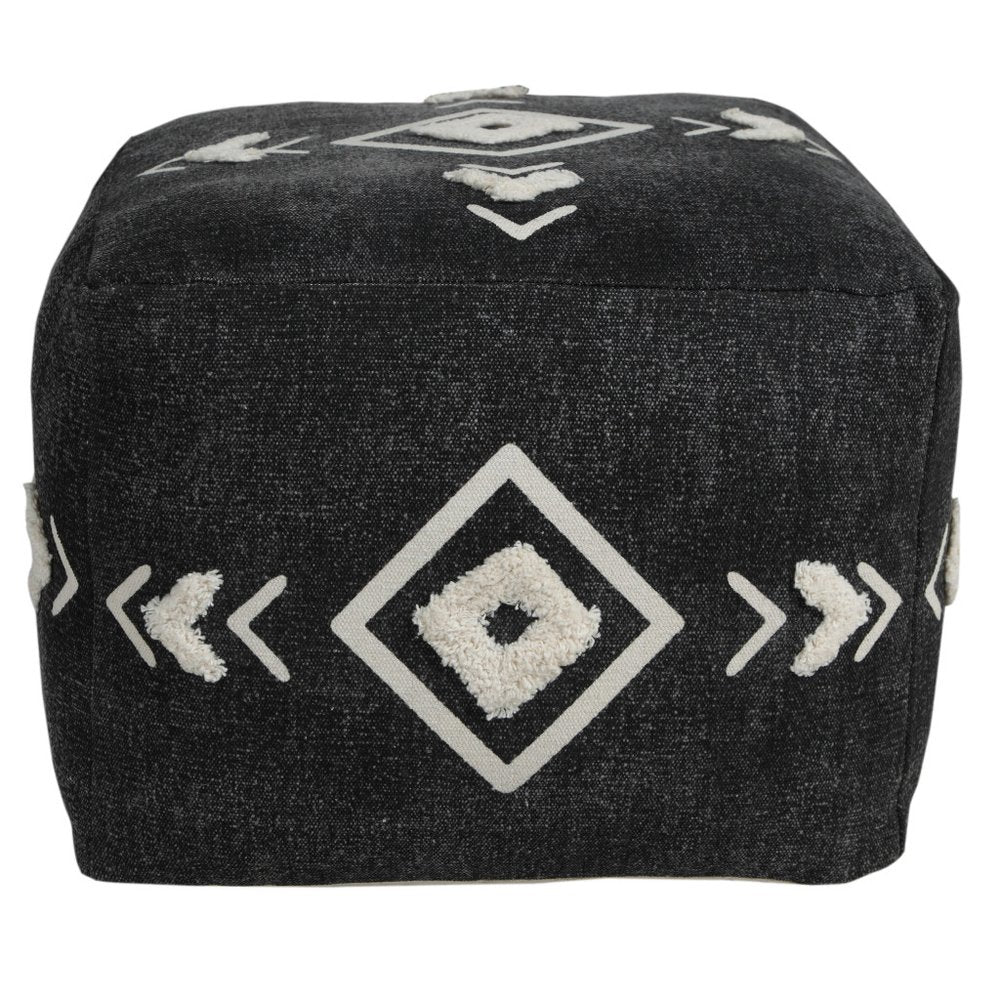 18" Black Cotton Geometric Pouf Ottoman