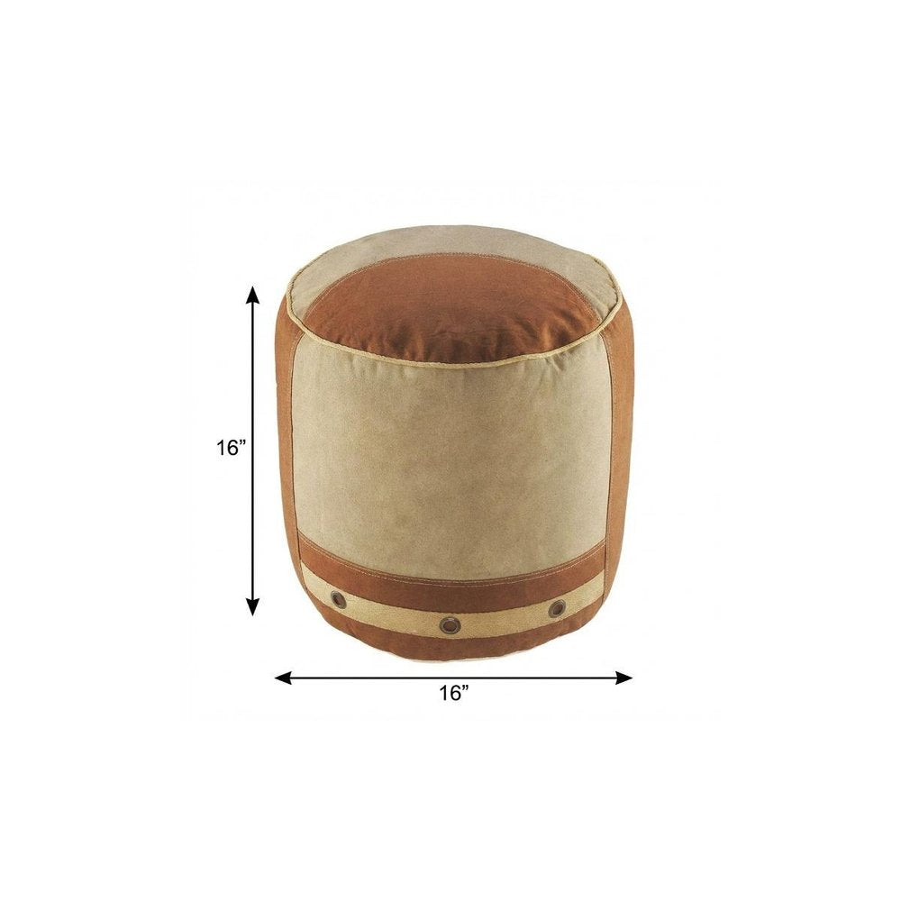 16" Tan Cotton Striped Cylinder Pouf Ottoman